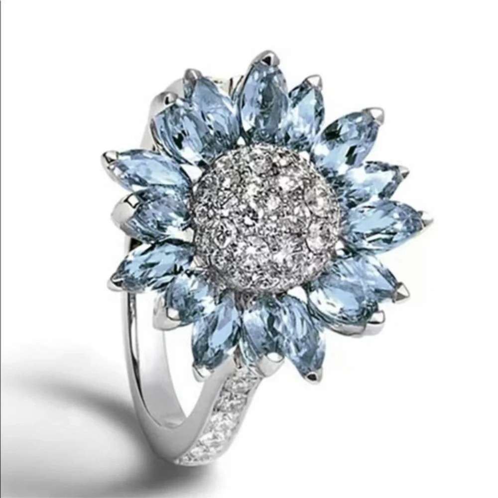Blue Marquise CZ Flower Statement Ring Silver Tone Cocktail Floral Ring NWT Vari